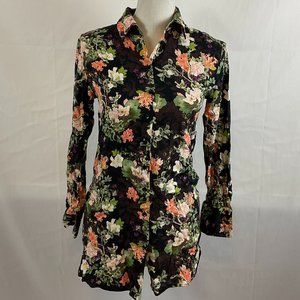 Alice + Olivia Blouse XS Black Green Pink White Floral Button Front Long Sleeve